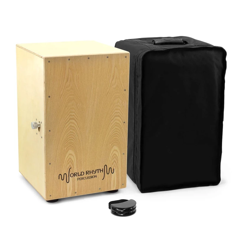 World Rhythm Natural Cajon Drum with Adjustable Snare & Foot Tambourine