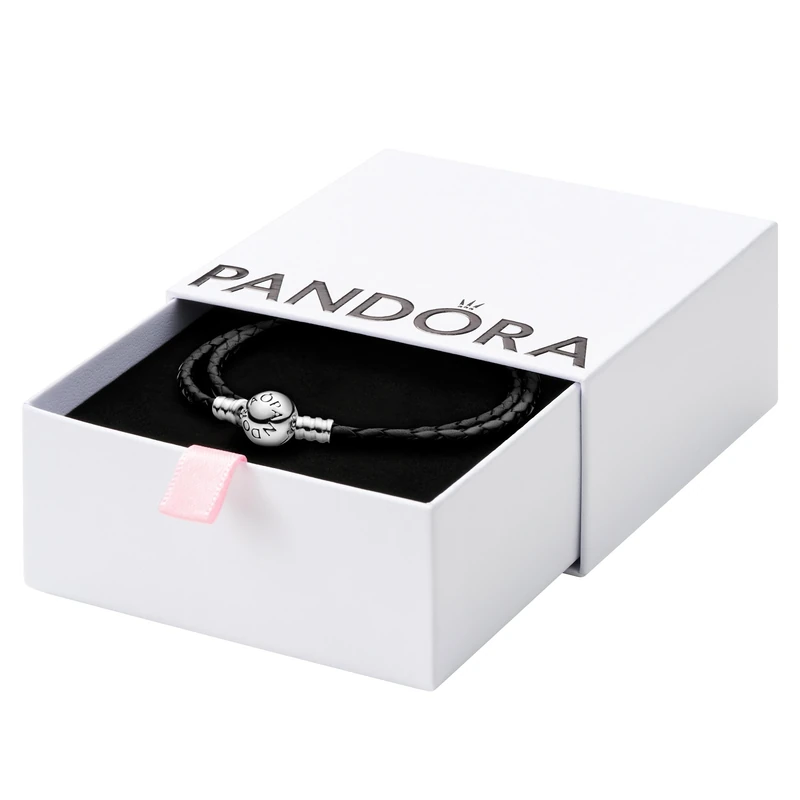 PANDORA Moments Women's Sterling Silver and Leather Black Leather Bracelet for Charms, Size 38 - Image 1