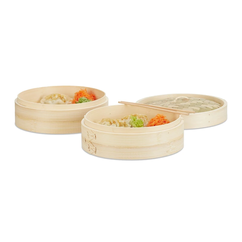 Relaxdays 3-Part Bamboo Steamer, 2 Steam Baskets with Lid for Rice and Dumplings, 24 cm Diameter Cooker, Natural