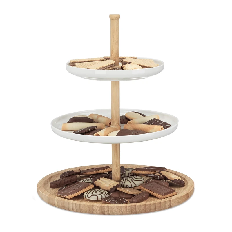 Relaxdays Bamboo and Ceramic Etagere, 3-Tier Serving Dish Tray Platter, D x H: 30 x 36 cm, For Cookies, Fruit, Snacks, Natural and White