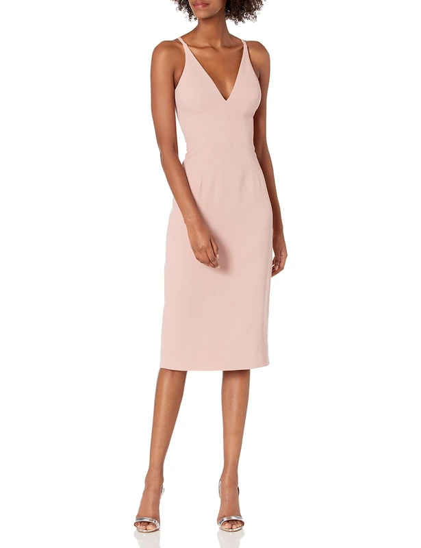 Dress the Population Women's Lyla Plunging Sleeveless Fitted Midi Sheath Dress, Blush, Small