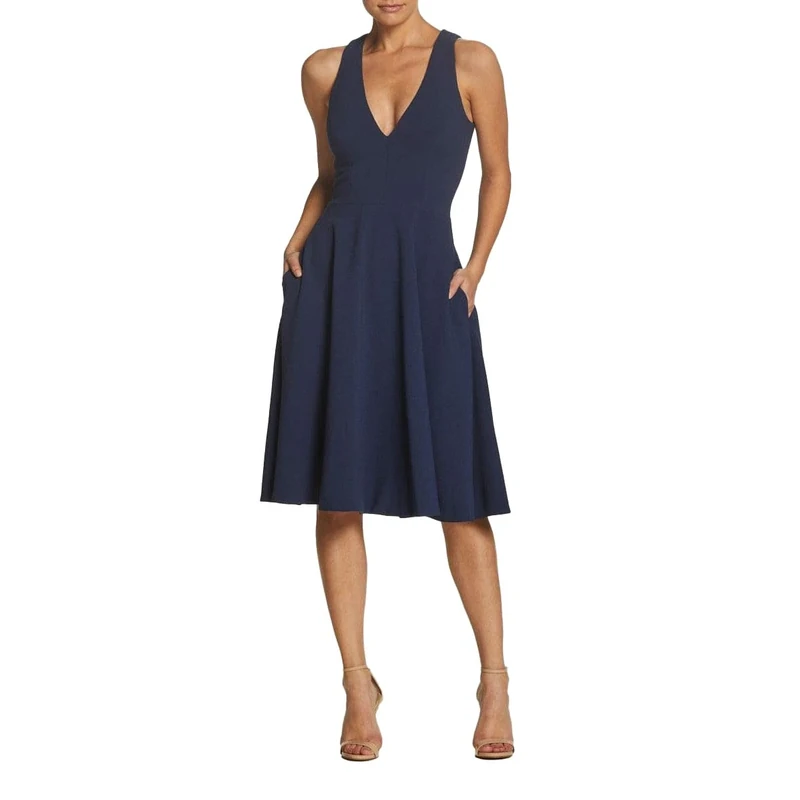 Dress the Population Women's Catalina Solid Sleeveless FIT & Flare MIDI Dress, Midnight Blue, X-Large