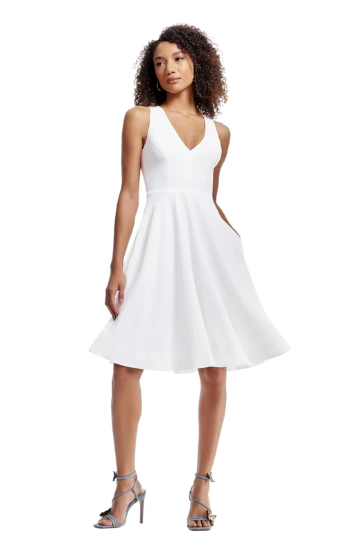 Dress the Population Women's Catalina Solid Sleeveless Fit & Flare Midi Dress, White, Small