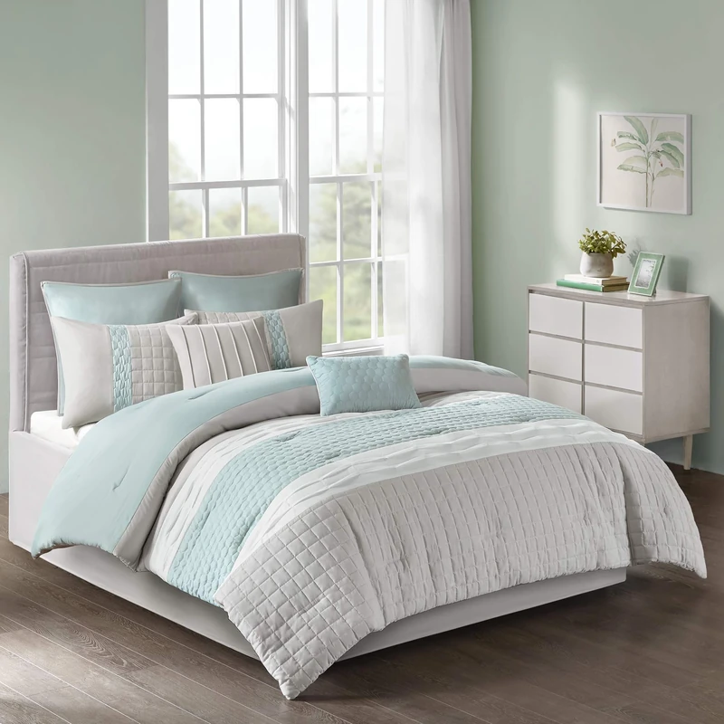 510 DESIGN All Season Down Alternative Casual Bedding with Matching Shams, Decorative Pillows, Microfiber, Tinsley Honeycomb Seafoam/Grey, Queen