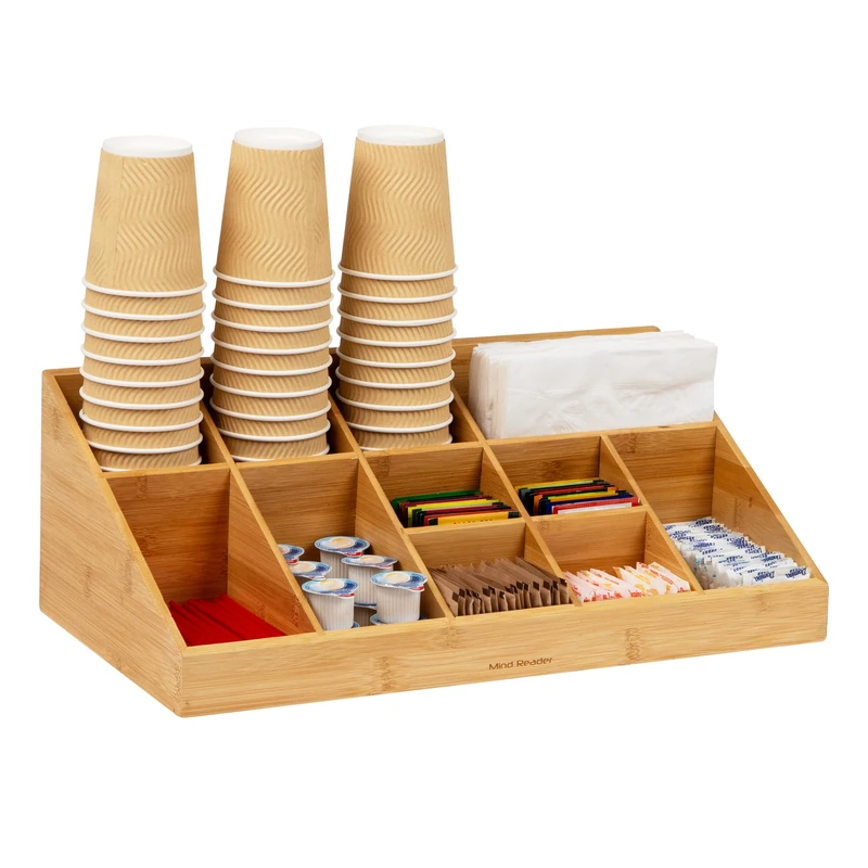 Mind Reader COMORGBM-BRN Station, Org, Coffee Bar 11-Compartment, Bamboo Cup, Lid and Condiment Storage, Countertop Organizer, 18.125" L x 9.5" W x 6.5" H, Brown