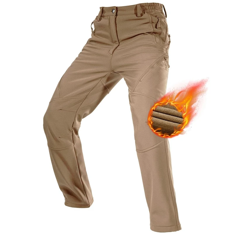 FREE SOLDIER Waterproof Walking Trousers for Men Thermal Fleece Lined Softshell Overtrousers Hiking Trousers Winter Outdoor Tactical Hunting Pants(Mud Color, 33 Long) - Image 1
