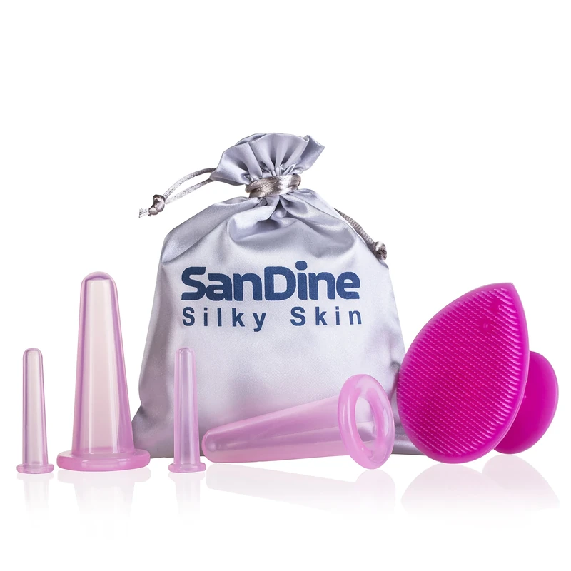 Face Cupping Set - Cupping Therapy Set for Face - Facial Cupping Sets - Ideal to Cup Your Cheeks, Chin and Lips - Anti Cellulite Silicone Cups Kit - by Sandine (Pink)