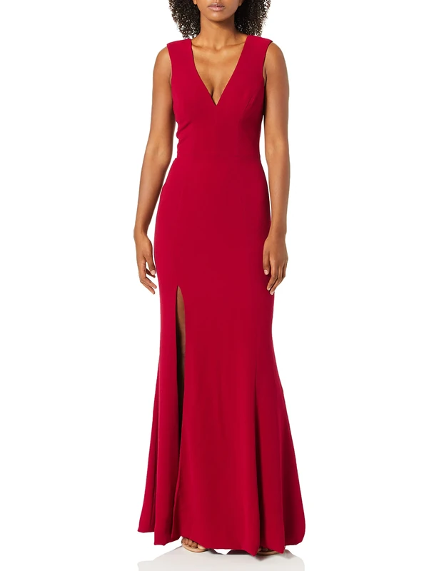 Dress the Population Women's Sandra Plunging Thick Strap Solid Gown with Slit Dress, Garnet, S