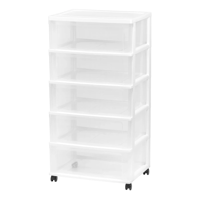 IRIS USA Plastic Drawer Storage Organizer Rolling Cart, with Wheels Casters, 5-Drawers, for Classroom Art Craft Supplies Dresser Closet Bathroom Dorm Bedroom Laundry Room, Wide, White/Clear
