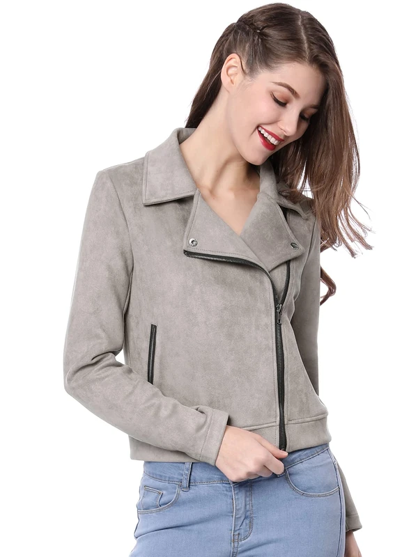 Allegra K Women's St. Patrick's Day Costumes Short Jacket Soft Moto Zip Up Pockets Faux Suede Biker Jackets Gray XL