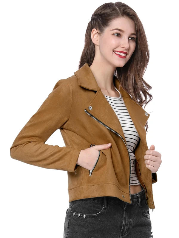 Allegra K Women's St. Patrick's Day Costumes Short Jacket Soft Moto Zip Up Pockets Faux Suede Biker Jackets Khaki L