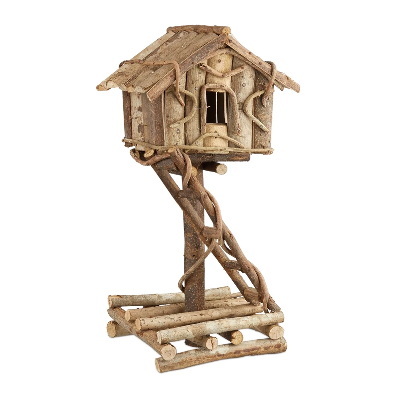Relaxdays Freestanding Bird House, Untreated Decorative Bird Hotel on Stand, Handmade Nesting Box with Ladder, Natural
