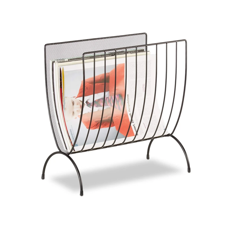 Relaxdays Mesh Newspaper Stand, Metal Newspaper Bin, Freestanding Rack, H x W x D 35 x 34 x 18 cm, Black