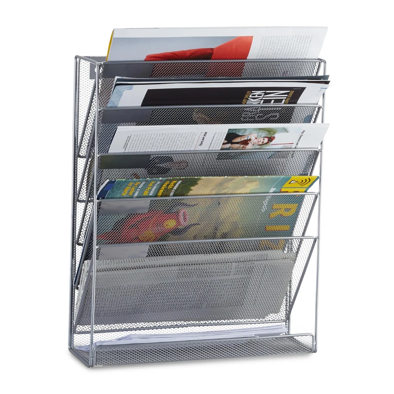 Relaxdays Wall Mount Magazine Rack, A4 Newspaper Stand, Metal Catalogue Holder Basket, HxWxD: 40 x 32 x 10 cm, Silver