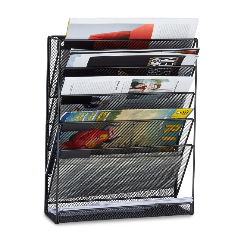 Relaxdays Wall Mount Magazine Rack, A4 Newspaper Stand, Metal Catalogue Holder Basket, HxWxD: 40 x 32 x 10 cm, Black