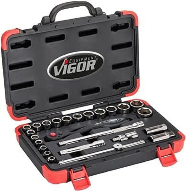 ViGOR Socket Spanner Set V2460N, 25 Pieces, 1/2 Inch Square Drive, External Hexagonal Profile, Sizes 10-32 mm, for Manual Operation