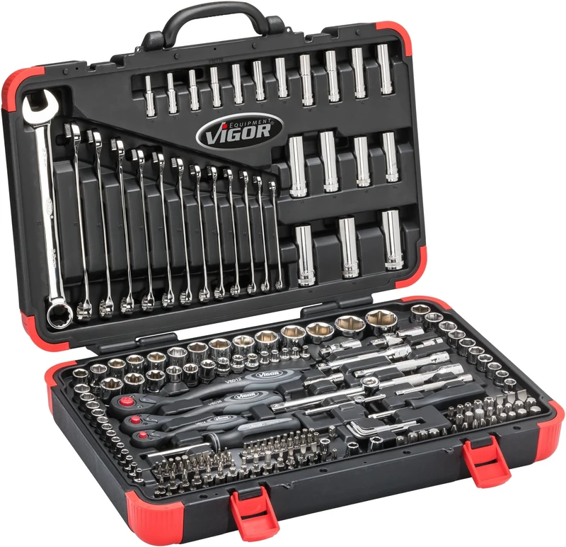 Vigor Socket Set (1/4, 3/8 and 1/2 Inch, Combination Spanner Set, Bits and Sockets for Professional and Home Use, 216 Pieces) V3277N