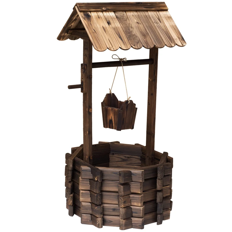 Outsunny Wooden Wishing Well Planter, Garden Feature Outdoor Flower Pot with Hanging Bucket for Backyard Garden Decor