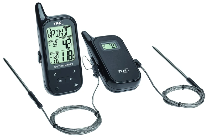 TFA Dostmann Wireless BBQ Meat Thermometer Küchen-Chef, 14.1511.01, incl Twin Probe, pre-Programmed Meat Types, Food Thermometer, Black