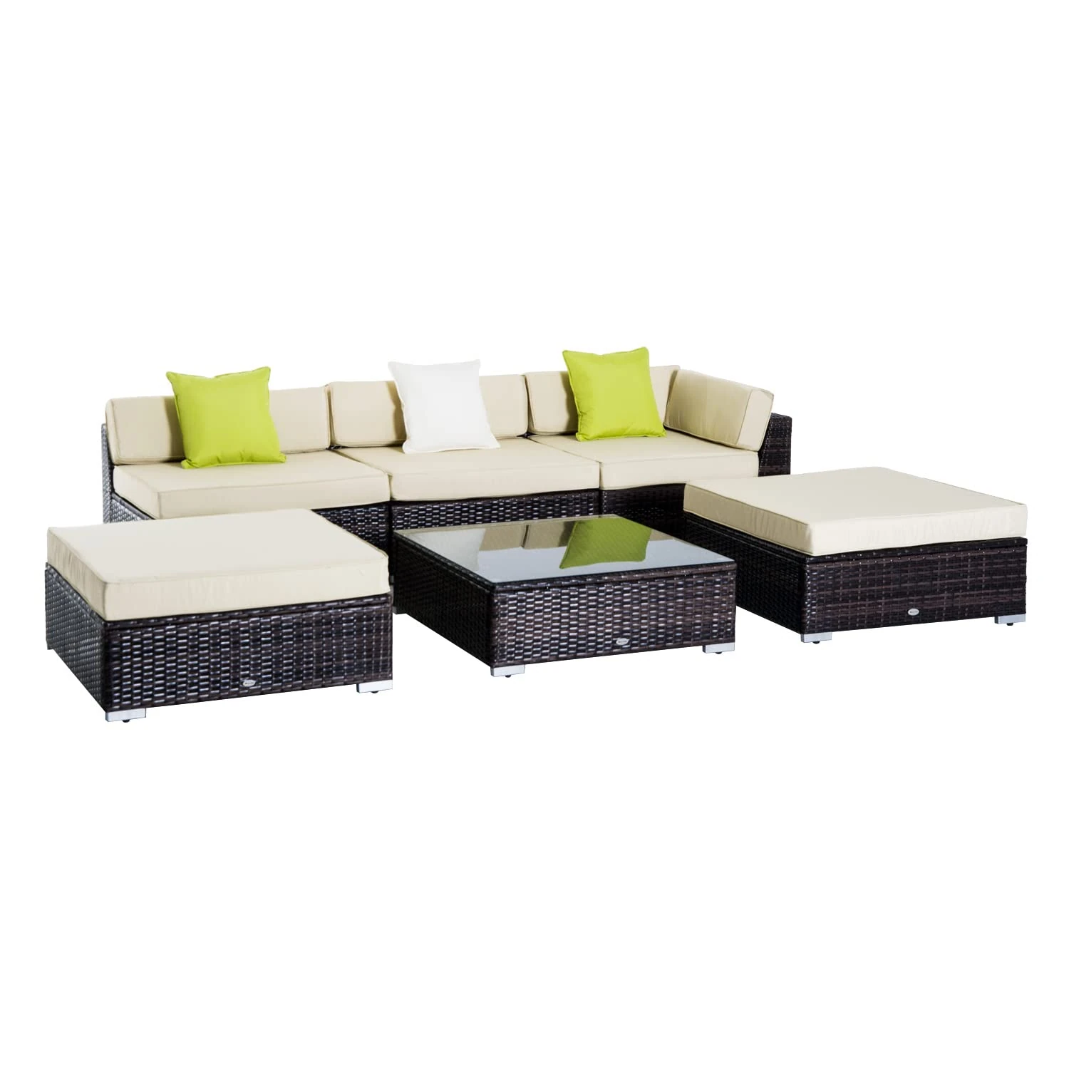 Outsunny 6 Pieces Rattan Garden Furniture Set, 5 Seater Garden Sofa Set with Thickened Cushions, Glass Top Coffee Table and Ottomans, Outdoor Sectional Conservatory Furniture with Pillows, Brown