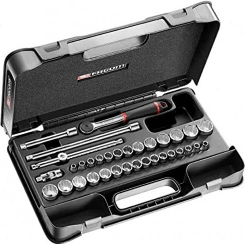 FACOM J.430AMU Socket Set 12-Sided Inch/Metric Black, 3/8-Inch, 34-Piece Set