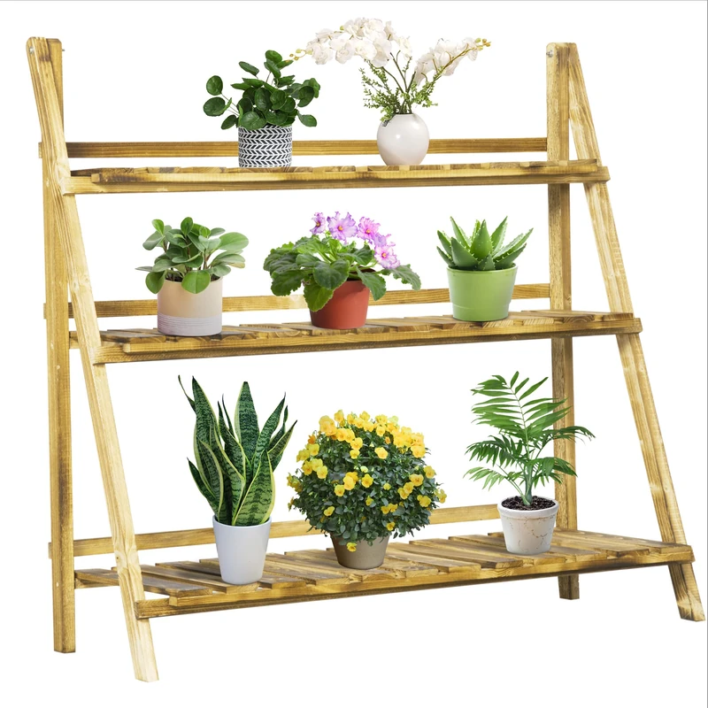 Outsunny 3 Tier Wooden Folding Flower Pot Stand - Garden Rack