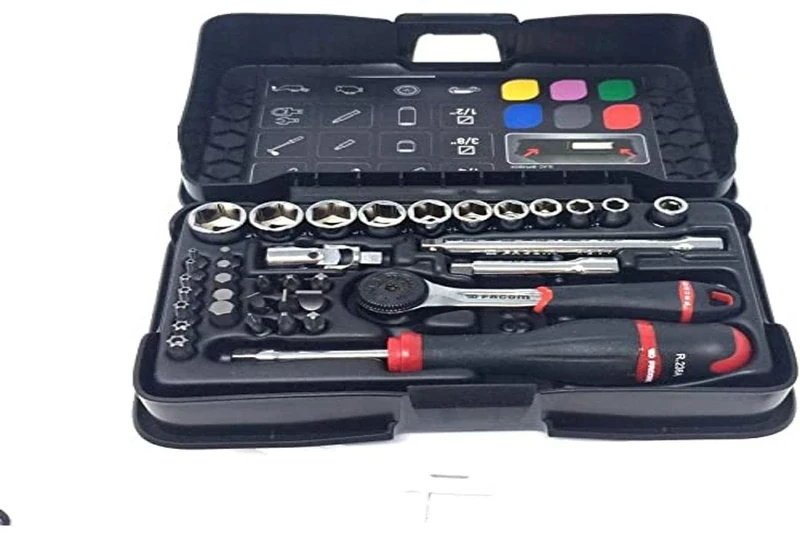 Facom R.161-6P6 Ratchet Set Plus 6-Sided Sockets, Multicoloured, 1/4", Set of 37 Pieces