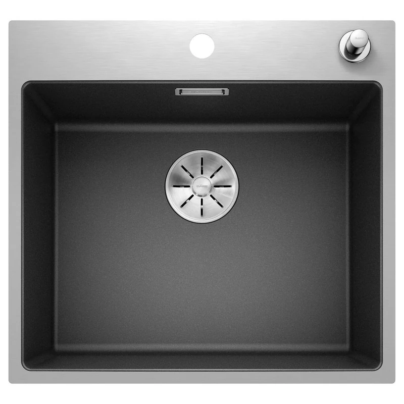 BLANCO SUBLINE 500-IF/A SteelFrame | SILGRANIT Sink in Anthracite | for 60 cm Wide Base cabinets | Framed in Stainless Steel | with tap Ledge | with Remote Waste Control | [54.3x51x20.3 cm]