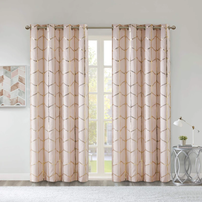 Intelligent Design Raina Total Blackout Metallic Print Grommet Top Single Curtain Panel Thermal Insulated Light Blocking Drape for Bedroom Living Room and Dorm, 50x84, Blush/Gold 1 Piece