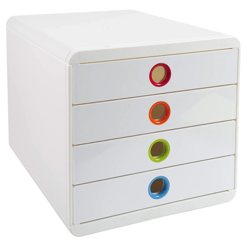 Exacompta - Ref 314398D - Glossy Pop-Box - 347 x 278 x 267mm in Size, Suitable for Storing A4+ Documents, 4 Closed Drawers, Smooth Drawer Action - White/Harlequin