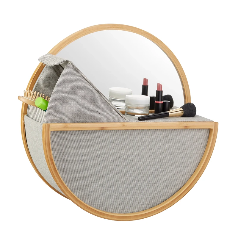 Relaxdays Hanging Wall Mirror with Storage Basket, Round Vanity Mirror, Bamboo, HxWxD: 45 x 45 x 15 cm, Natural