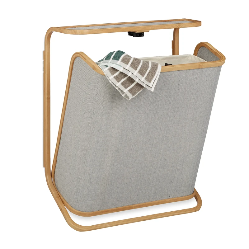 Relaxdays Wall-Mount Laundry Hamper, Tilting Bamboo Storage Basket, 40 L, HxWxD: 67 x 53.5 x 21 cm, Natural/Grey