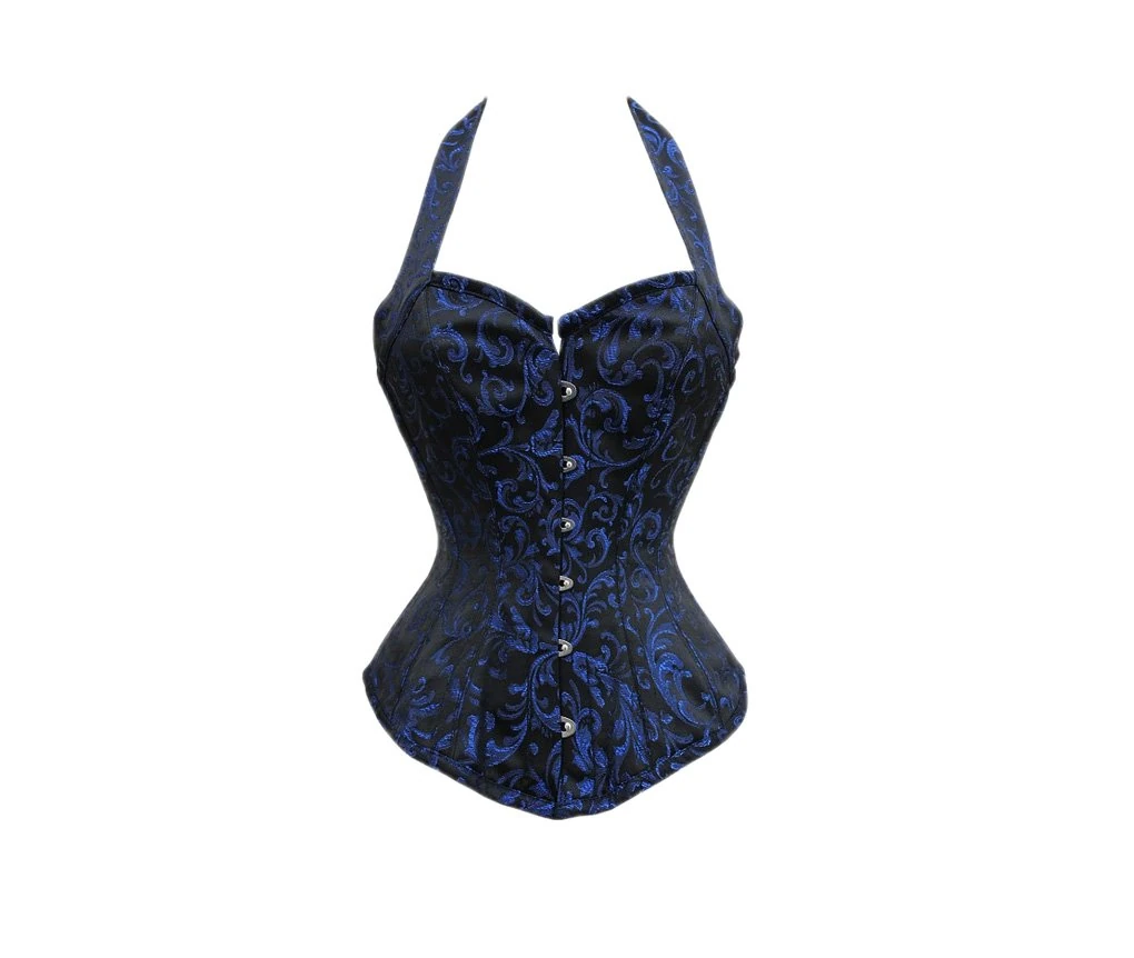 Blue Black Brocade Halter Gothic Burlesque Waist Training Basque Overbust Corset