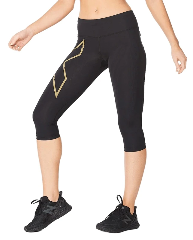 2XU Women's Light Speed Mid-Rise Compression 3/4 Tights Pants, Black/Gold Reflective, XXL
