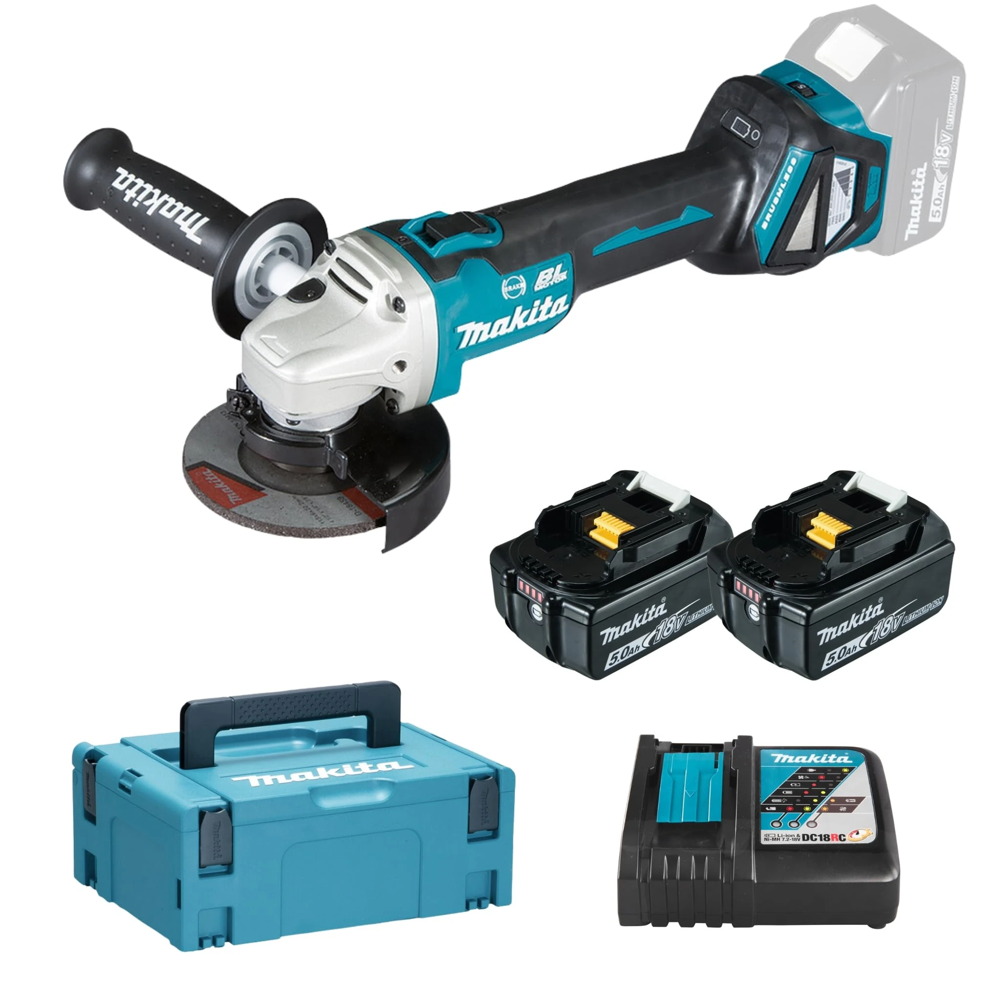 Makita DGA513RTJ 18V Li-ion LXT Brushless 125mm Angle Grinder Complete with 2 x 5.0 Ah Li-ion Batteries and Charger Supplied in a Makpac Case Blue