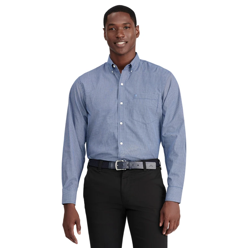 Izod Men's Performance Comfort Long Sleeve Plaid Button Shirt, Estate Blue, XL - Image 1