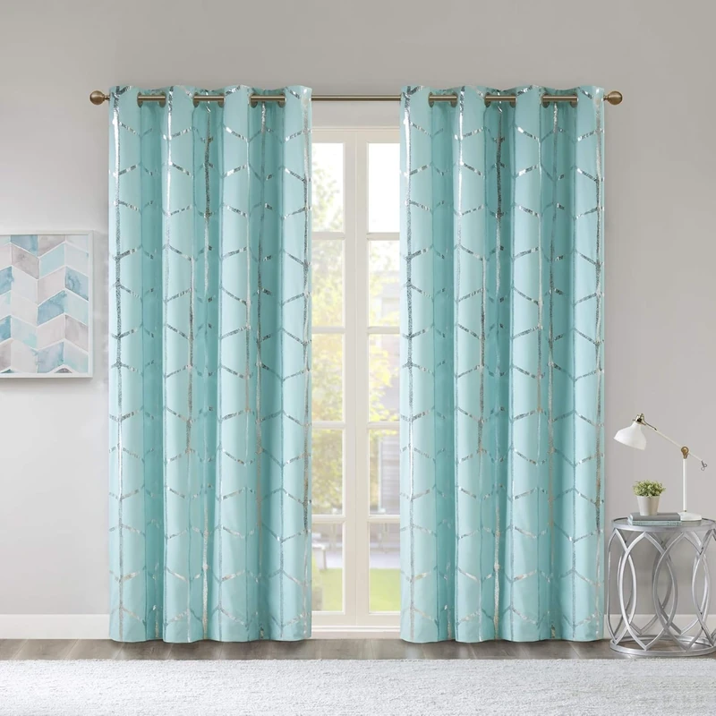 Intelligent Design Raina Total Blackout Metallic Print Grommet Top Single Curtain Panel Thermal Insulated Light Blocking Drape for Bedroom Living Room and Dorm, 50x84, Aqua/Silver 1 Piece - Image 1