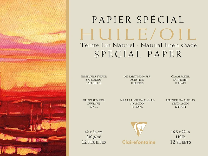 Clairefontaine - Ref 975826C - Oil Painting Glued Pad (12 Sheets) - 42 x 56cm Sized, 240gsm Natural Linen Shade Paper, Acid Free, pH Neutral - Suitable for Oil Painting