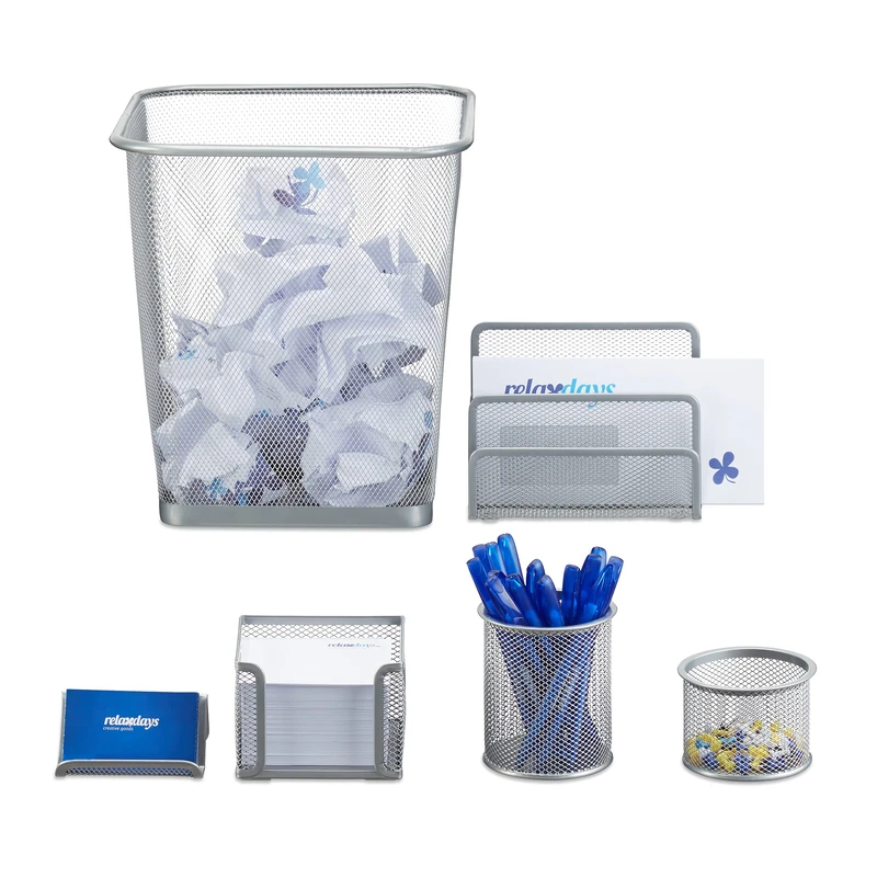 Relaxdays 6-Piece Desk Stationery Organizer, Letter Rack, Note Box, Pen Holder, Paper Bin, Silver