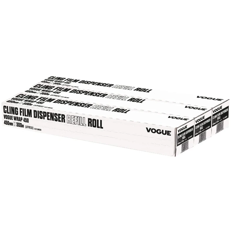 Vogue Cling Film 300m Refill (3 Pack) - Preserve Ingredients, Suitable for Microwave Use, Fits Wrap450 Dispenser CW203