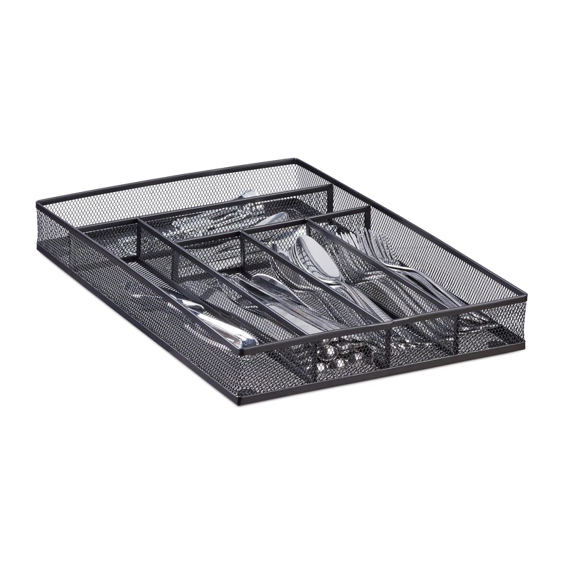 Relaxdays Large Metal Mesh Cutlery Tray, Open Drawer Organizer Insert, L, HWD: 5.1 x 28.6 x 40.6 cm, Black