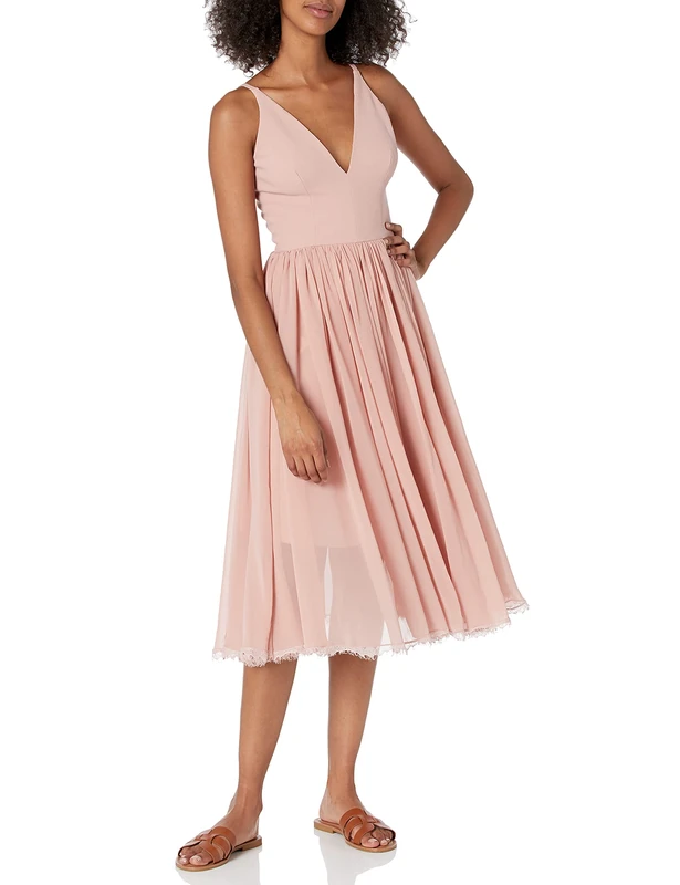 Dress the Population Women's Alicia Plunging Mix Media Sleeveless Fit and Flare Midi Dress Bridesmaid, Blush, Large