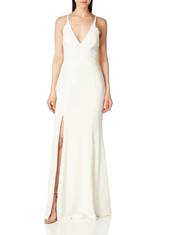 Dress the Population Women's Iris Plunging Spaghetti Strap Solid Crepe Gown W Slit Dress Bridesmaid, White, Medium