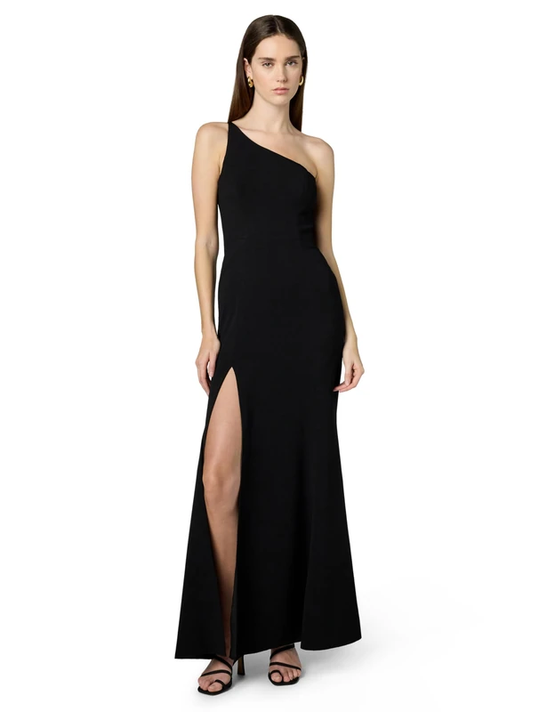 Dress the Population Women's Amy One Shoulder Crepe Gown with Slit Long Dress Bridesmaid, Black, L