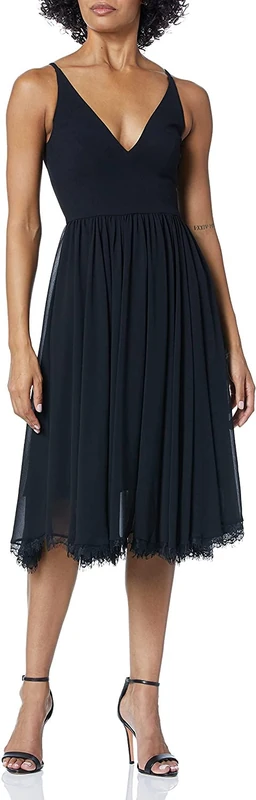 Dress the Population Women's Alicia Plunging Mix Media Sleeveless A-line Midi Dress Bridesmaid, Black, Small