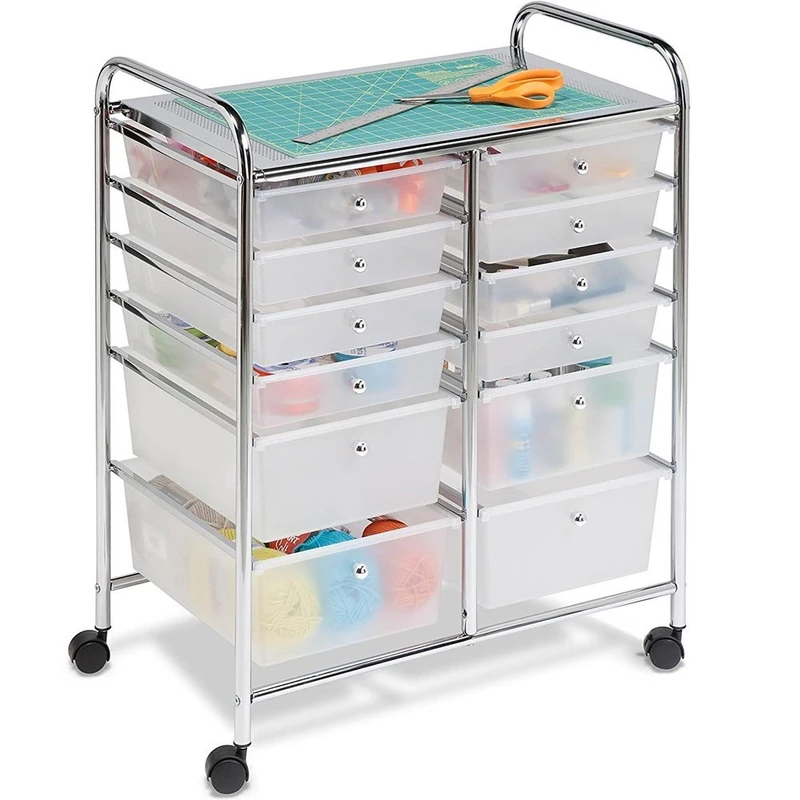 BAKAJI Multi-Purpose Trolley in Chrome Steel Double Drawer 12 Drawers and 4 Wheels Space-Saving Trolley Organizer for Bathroom Home Office Beautician Work (White) - Image 1