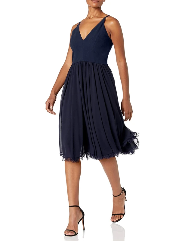 Dress the Population Women's Alicia Plunging Mix Media Sleeveless Fit and Flare Midi Dress Bridesmaid, Midnight Blue, Small