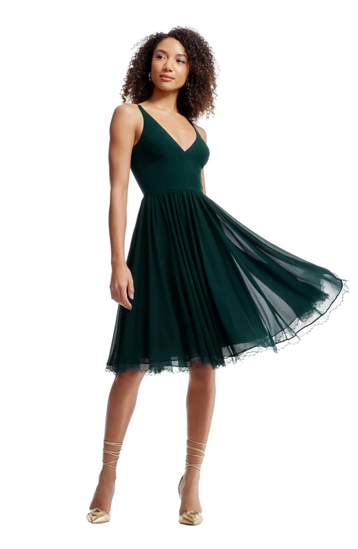 Dress the Population Women's Alicia Plunging Mix Media Sleeveless Fit and Flare Midi Dress Bridesmaid, Pine, Small