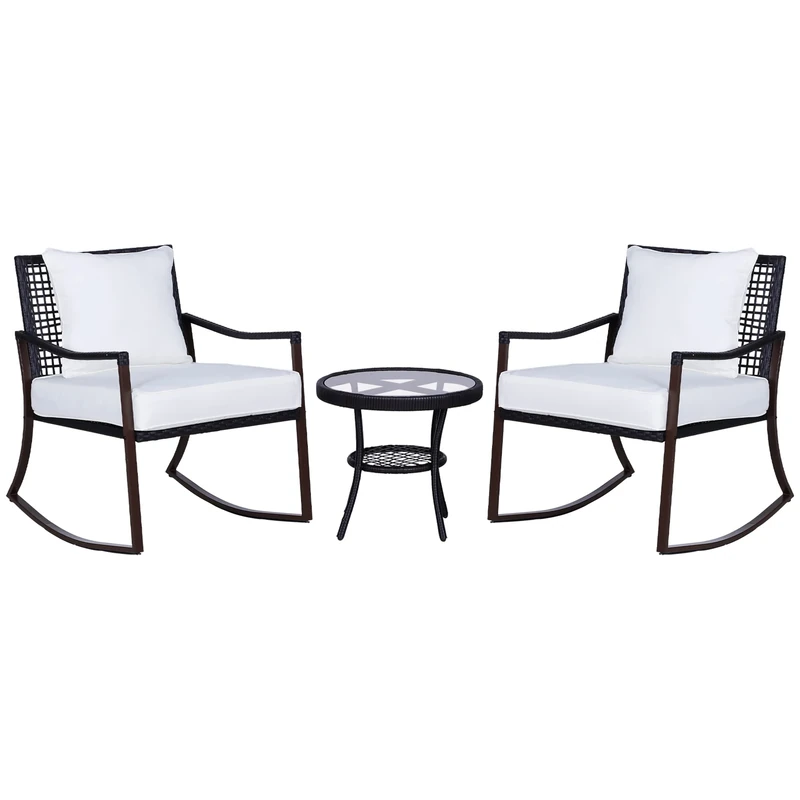 Outsunny Rattan Bistro Set, 3 Pieces Wicker Garden Furniture Set with Rocking Chairs and Round Glass Top Coffee Table, Small Balcony Furniture with Cushions for Outdoor, Porch, Brown