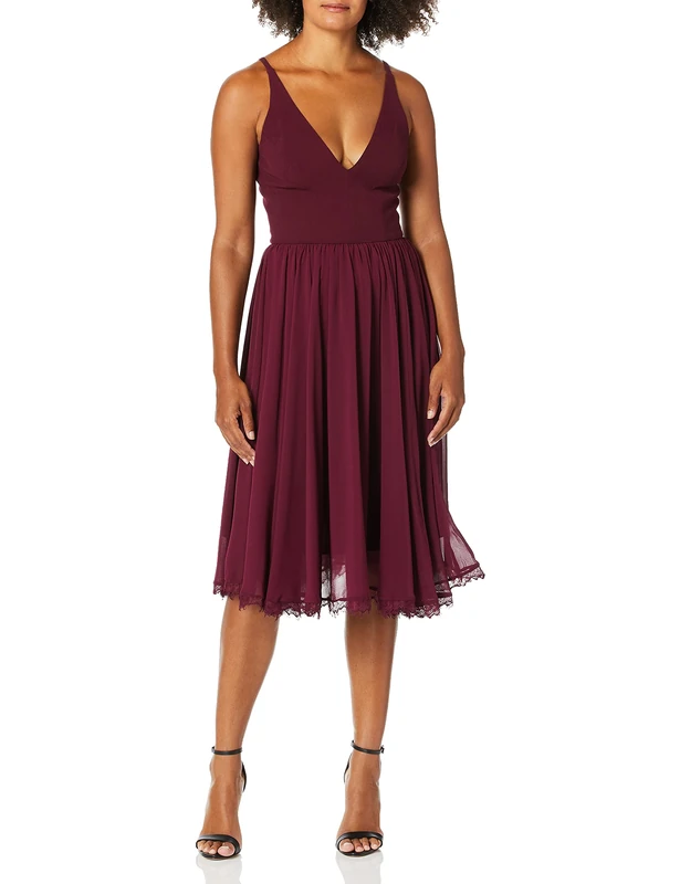Dress the Population Women's Alicia Plunging Mix Media Sleeveless Fit & Flare Midi Dress Bridesmaid, Burgundy, X-Large